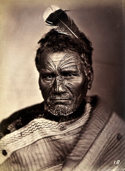 Portrait of a Maori with a tattooed face, c.1886-88 by New Zealand Photographer